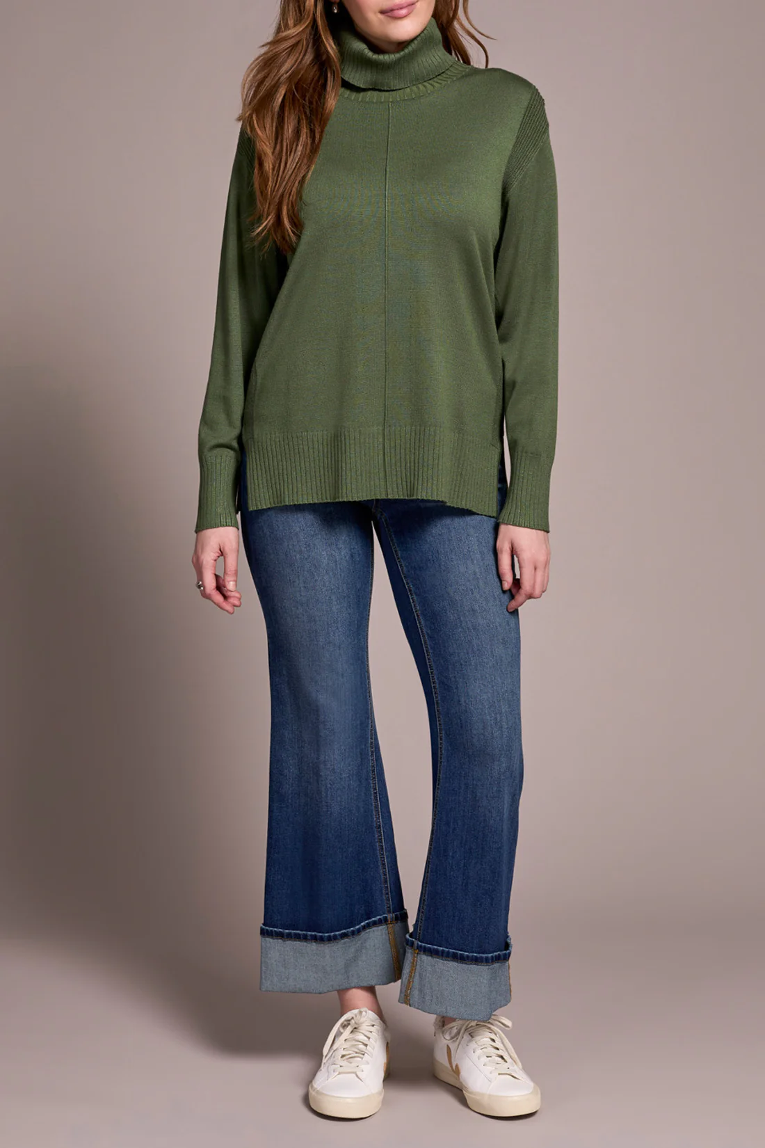 Tribal -2395O-8359-Long Sleeve Turtle Neck Sweater-Chive - Image 2