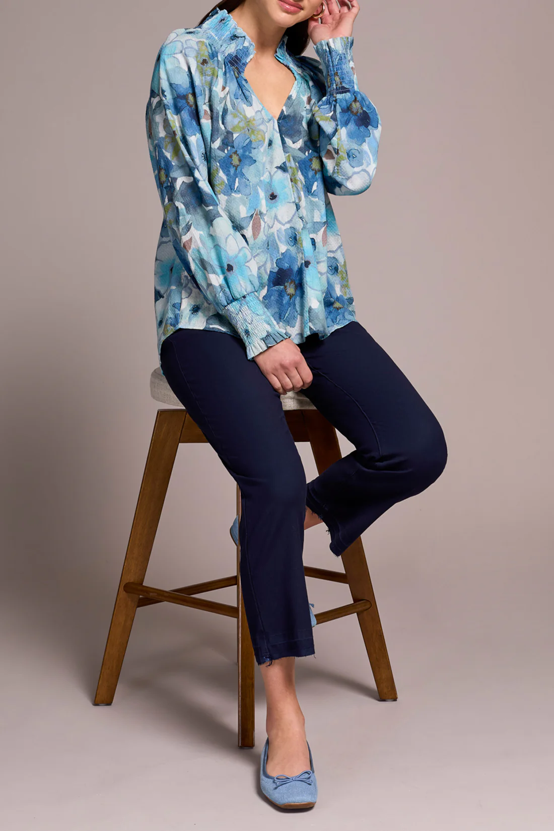 Tribal -2396O-8250-Long Sleeve Blouse W/Smocking Details-Slate Blue - Image 2