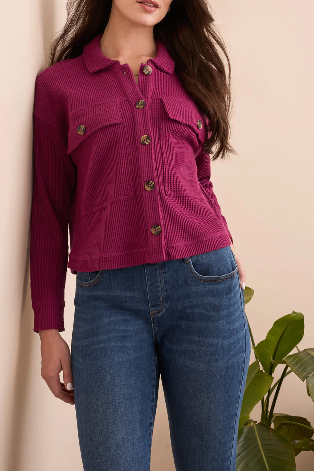 Tribal -5900O-5159-Crop Knit Shacket W/Patch Pockets-Plum Wine