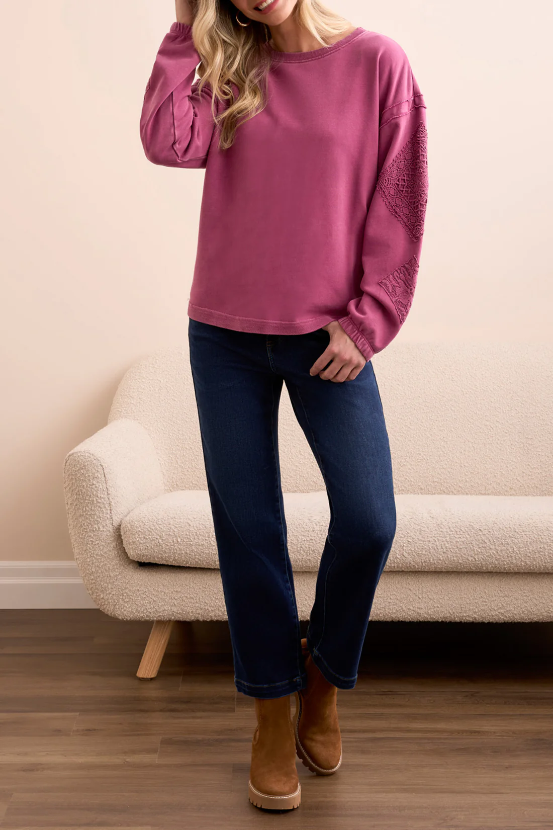Tribal Crew Neck Applique Detail W/Special Wash-Rose Berry 5986O-5082 - Image 3