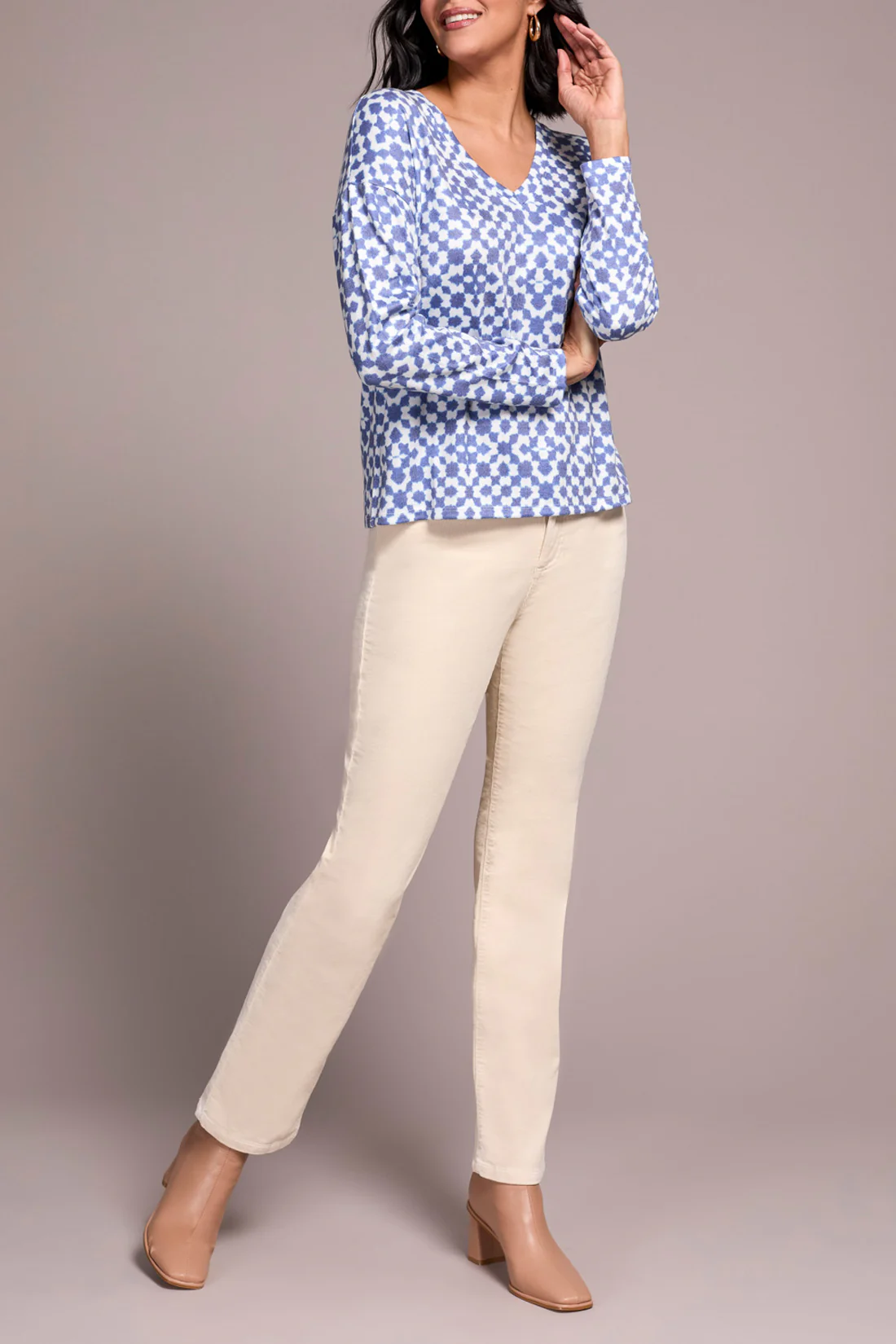 Tribal -6002O-4214-V Neck Knit Top W/Side Slits-Ultra Blue - Image 3