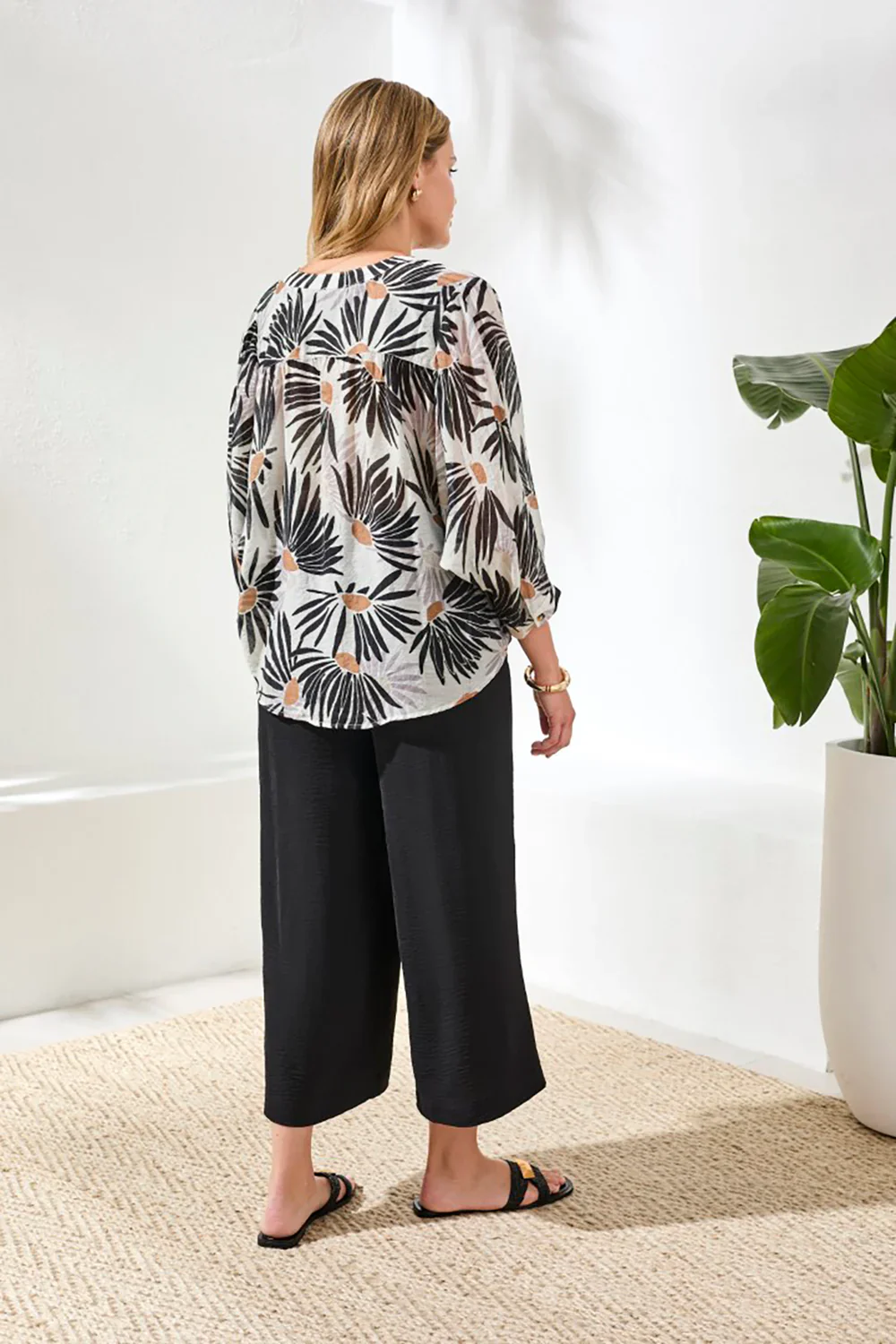 Tribal Flowy Dolman Sleeve Blouse W/Self Covering Buttons-5539O-0289-White/Black - Image 3