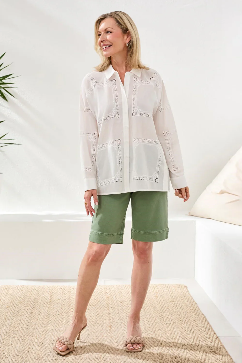 Tribal L/S Button Front Blouse W/Side Placket-3021O-0001-White
