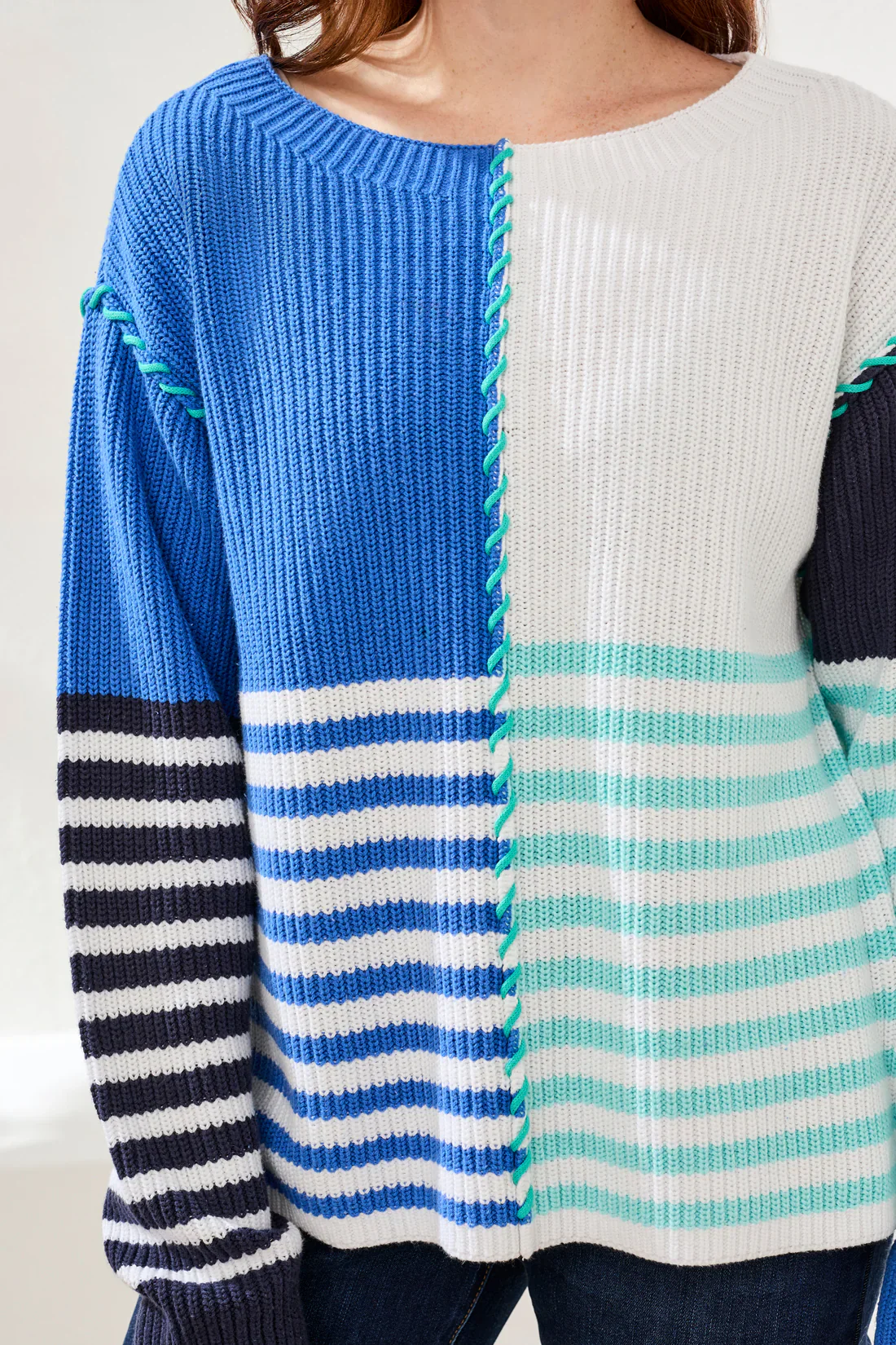 Tribal Multi Stripe Textured Boat Neck Sweater-2338O-2855-Sea Shore - Image 2