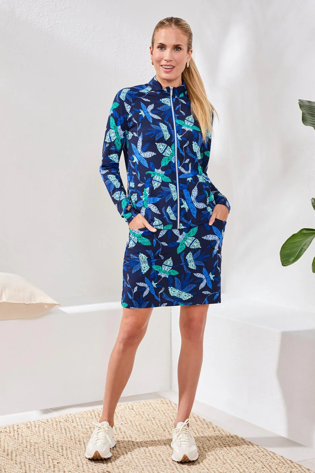 Tribal Printed Mock Neck Cardigan-1817O-2773-Blue Surf