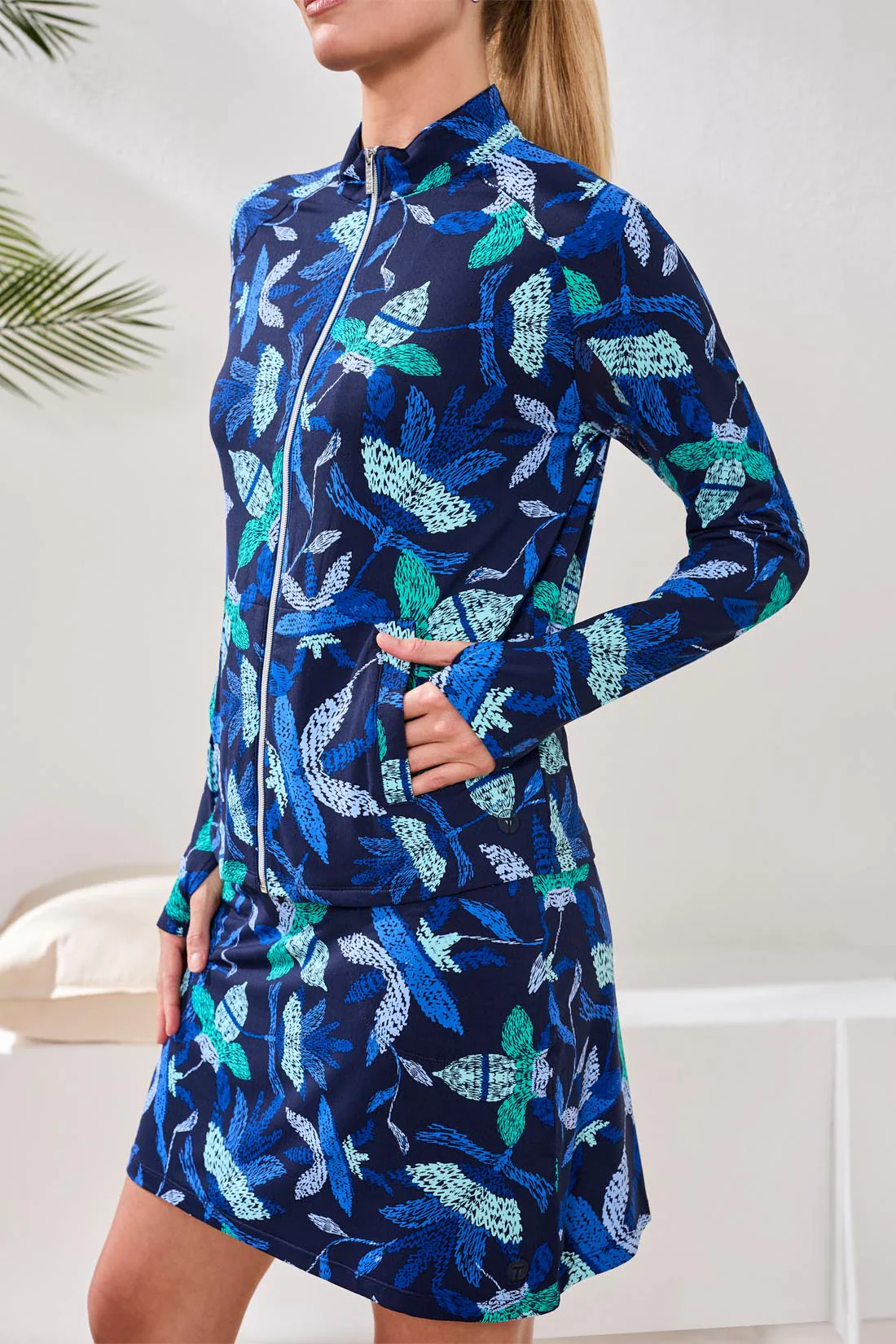 Tribal Printed Mock Neck Cardigan-1817O-2773-Blue Surf - Image 2
