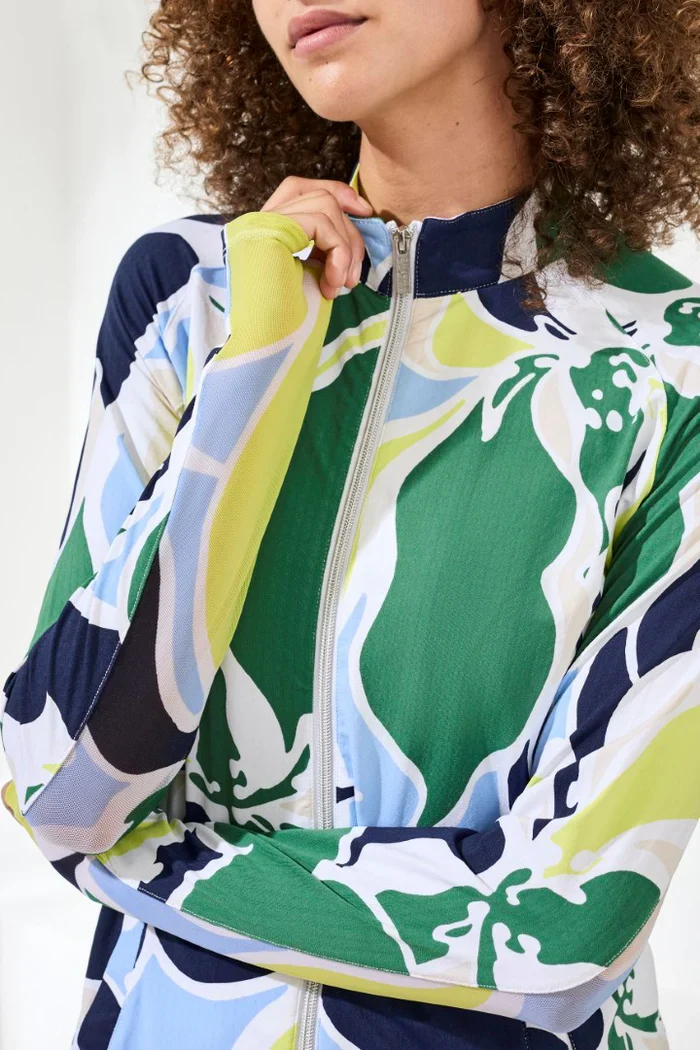 Tribal Printed Mock Neck Cardigan-1817O-2773-Floral Lime - Image 2