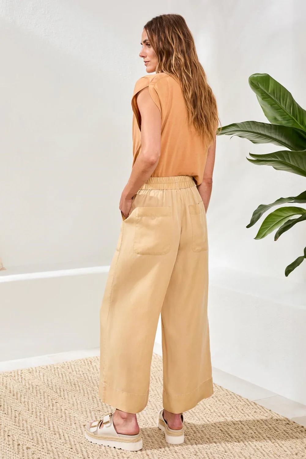Tribal Pull On Crop Wide Leg Pant W/Pockets And Special Wash-6072O-2899-Croissant - Image 4