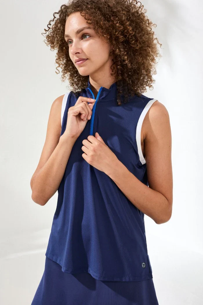 Tribal Sleeveless Zip Mock Neck Top-3018O-3068-Jet Blue - Image 2