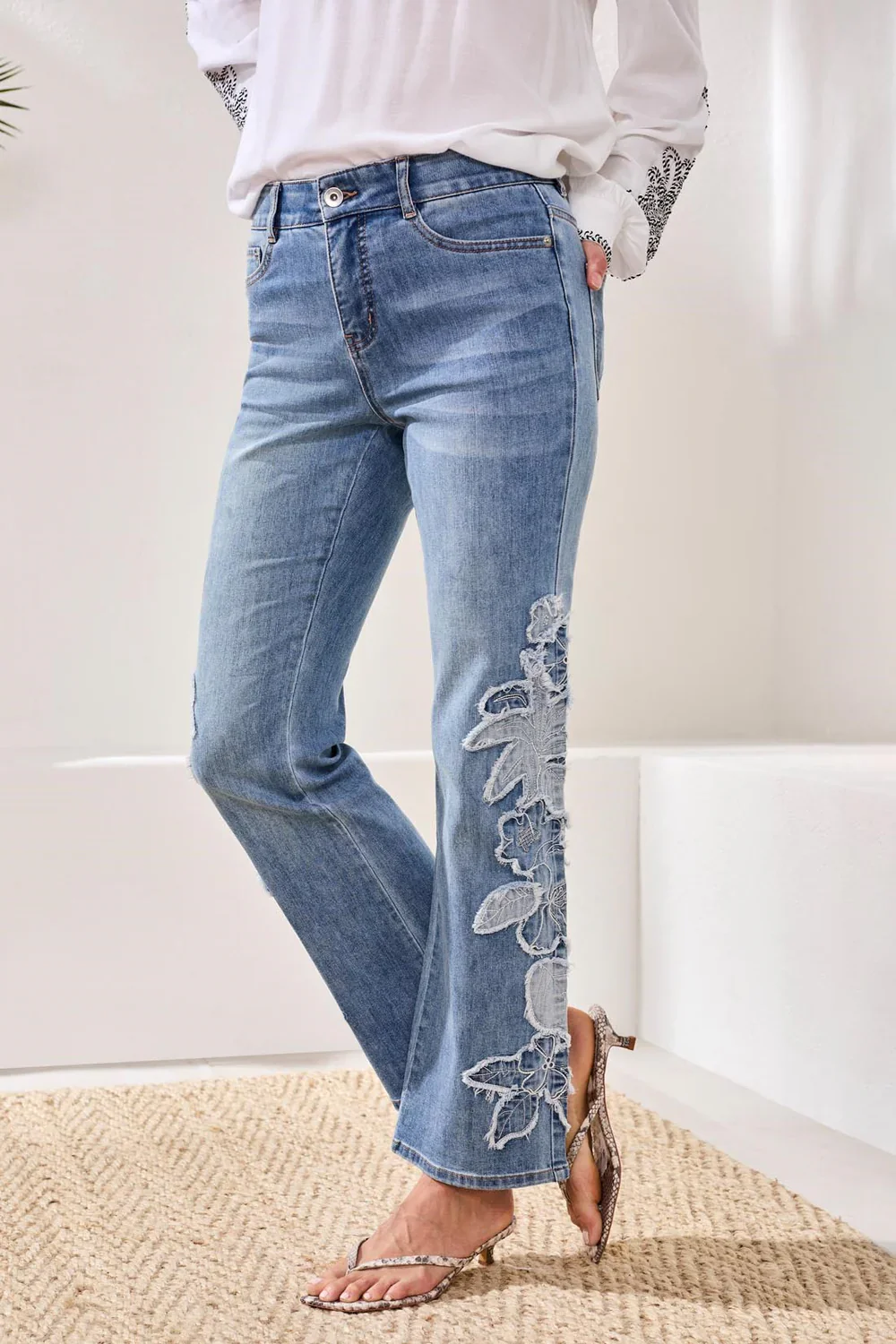 Tribal Sophia Curvy Flare W/Denim Applique-6107O-1459-Pebble Blue - Image 2