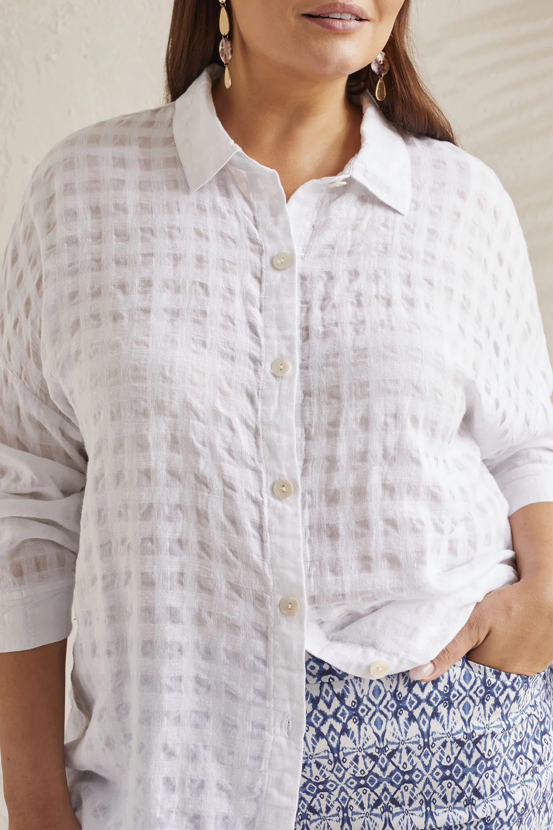 Tribal 1753OV-3887-Button Front Blouse-White