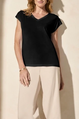 Tribal -2034O-2891-Cap Sleeve V Neck Top-Black - Image 2