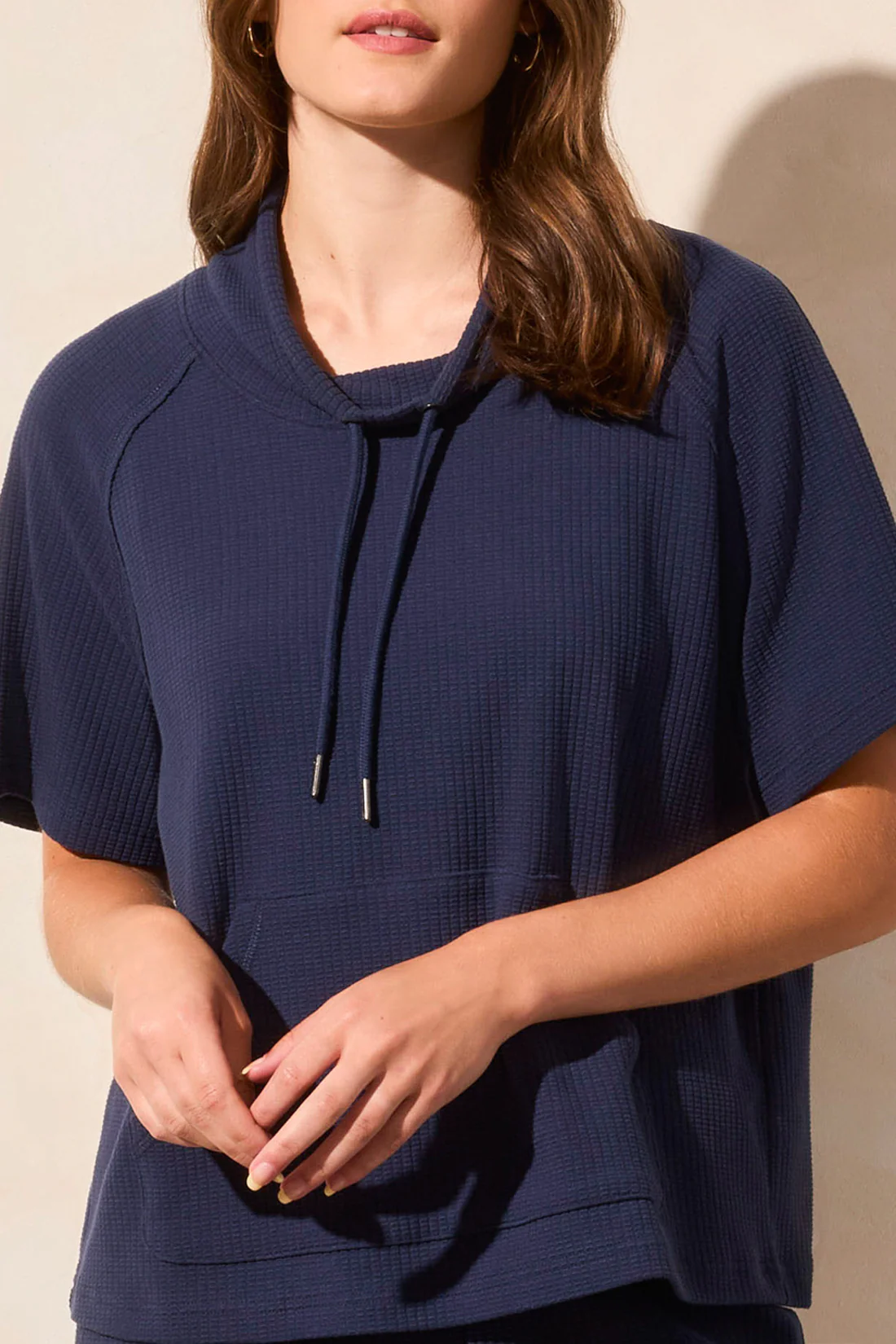 Tribal -2045O-8113-S/S Funnel Neck Top W/Draw Cord-Jet Blue - Image 2