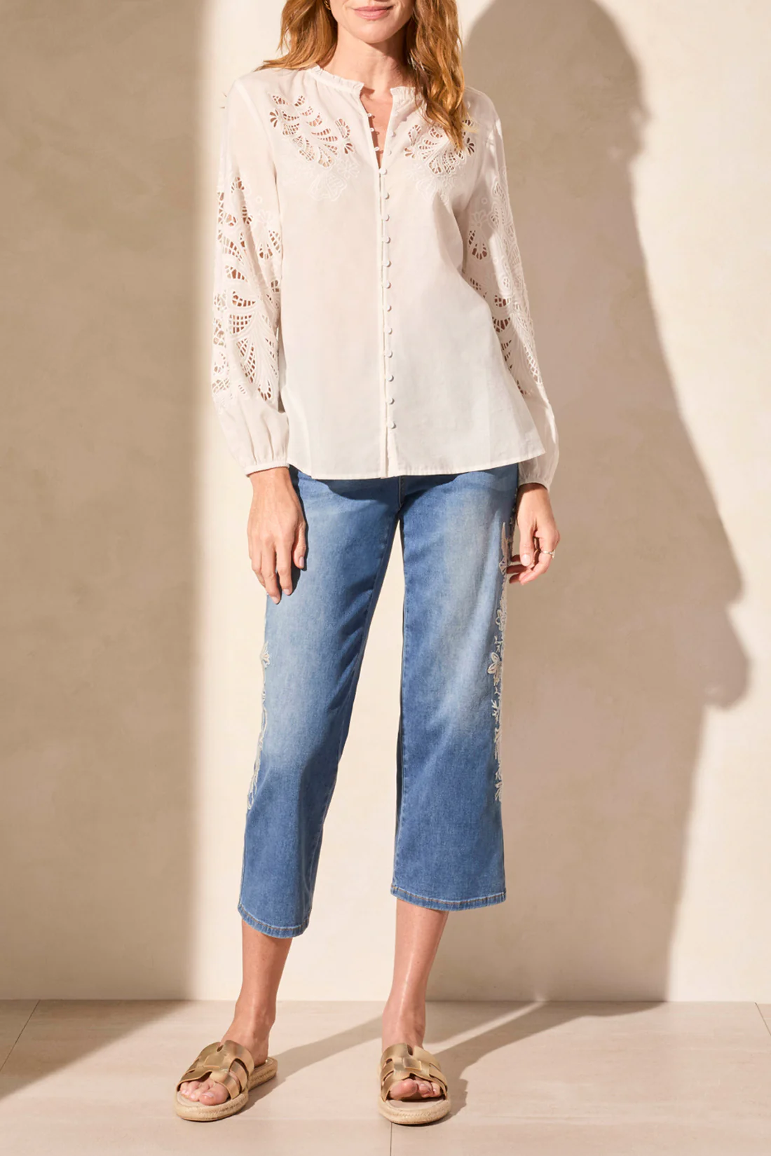 Tribal 5807O-5271-L/S Blouse W/Embroidery Cut Outs-White - Image 3