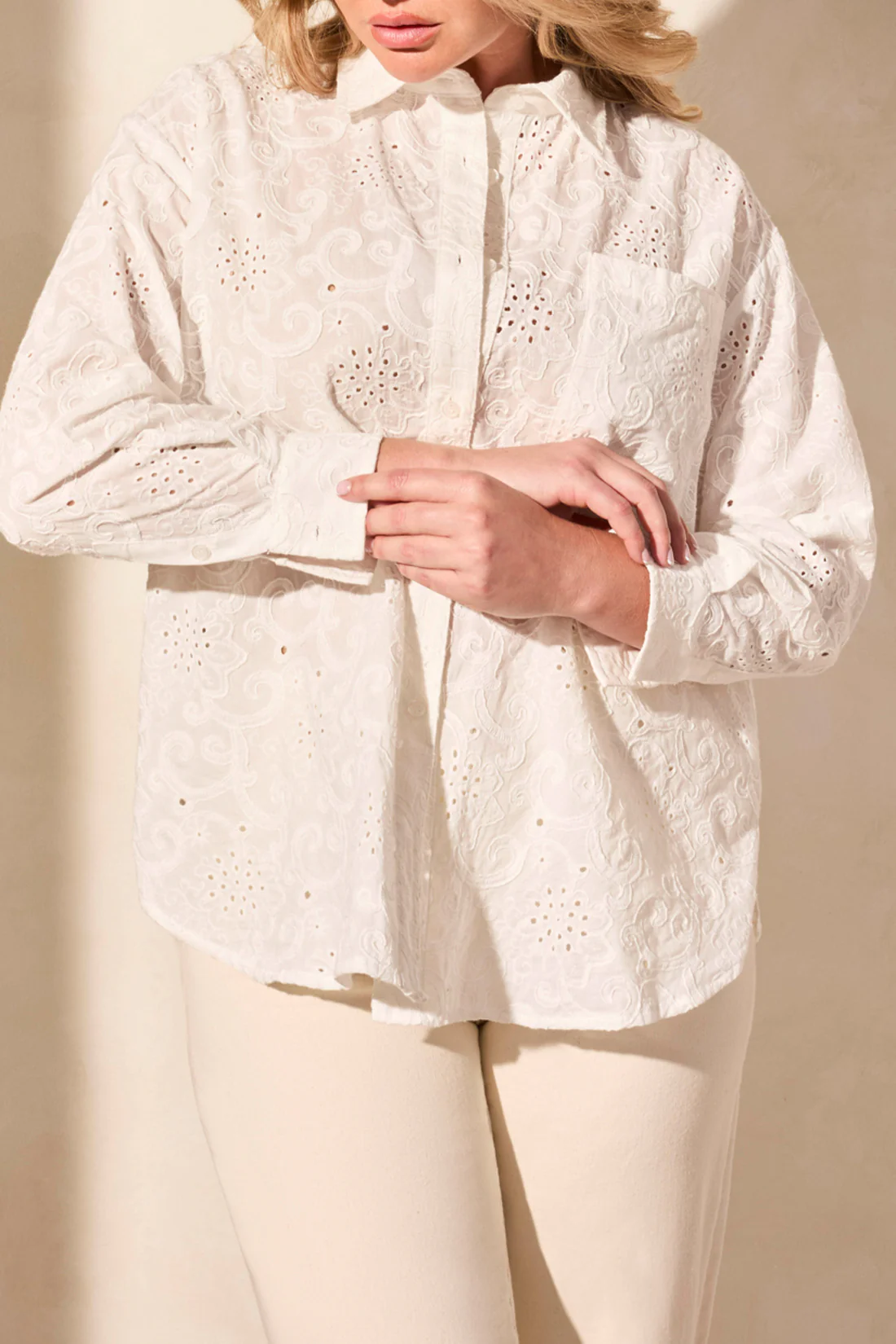 Tribal 5833O-5304-Eyelet Embroidery Shirt-White