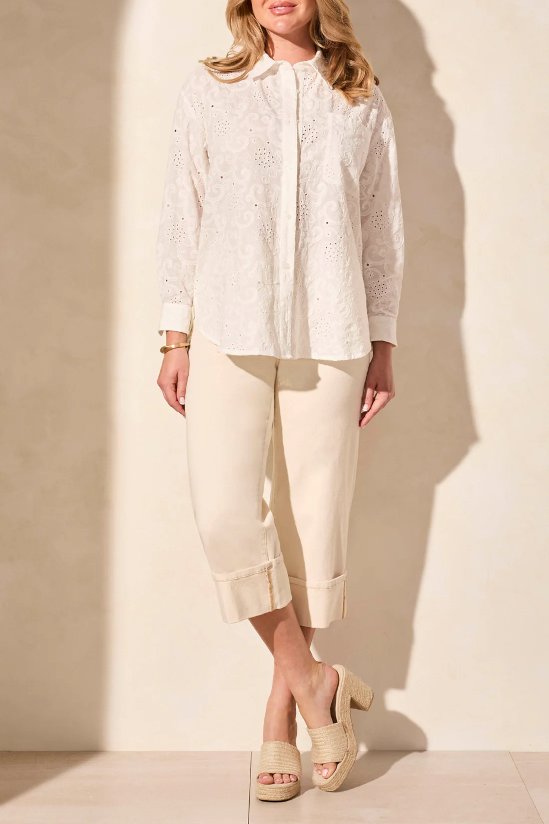 Tribal 5833O-5304-Eyelet Embroidery Shirt-White - Image 3
