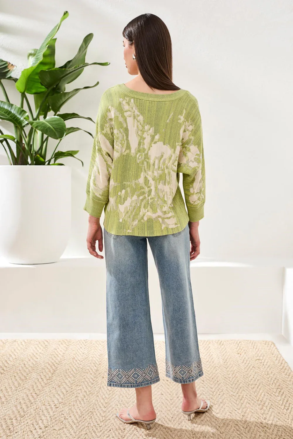 Tribal U Neck Jacquard 3/4 Sleeve Sweater-6160O-1252-Lemon Grass - Image 4